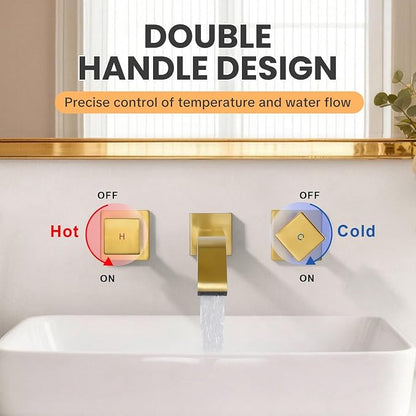 Wall Mounted Bathroom Sink Faucet, Brushed Gold Bathroom Faucet | Waterfall Bathroom Sink Faucet with Two Handles, Controllable Heat and Cold, Solid Brass Wall-Mount Washroom Faucets