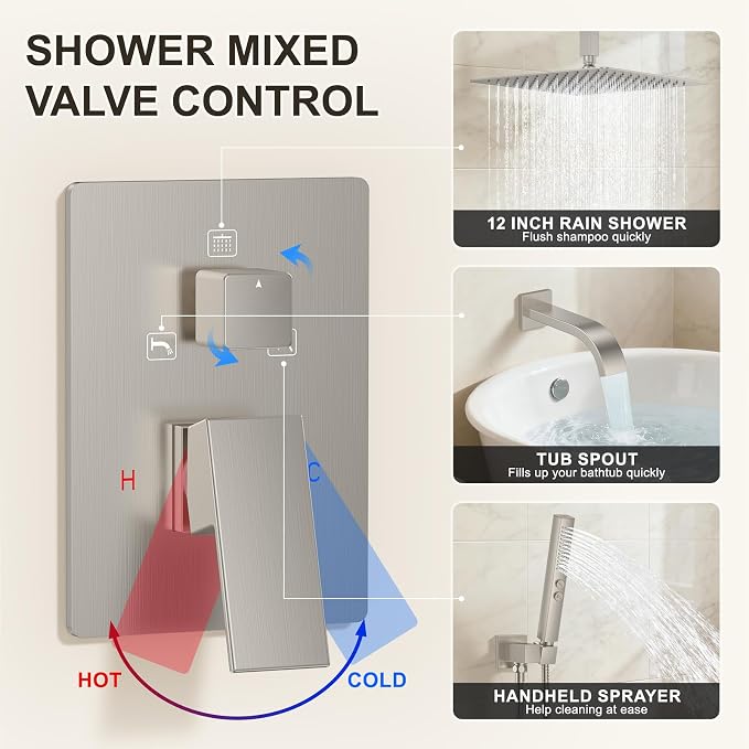 Brushed Nickel Shower System with Tub Spout, Ceiling Mounted Bathtub Shower Faucet Set, 12" Rainfall Shower Head and Handheld Shower Combo, High Pressure Shower Fixtures Set with Rough-in Valve