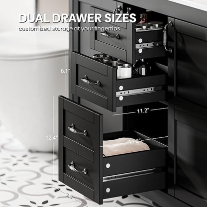 48" Bathroom Vanity with Sink Combo, Freestanding Modern Thickened Wood Bathroom Storage Cabinet with Undermount Double Sink, 3 Drawers & 2 Soft-Close Doors with Organizers, Black