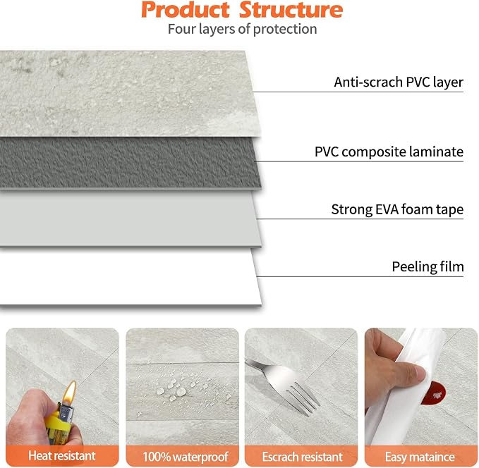 4-Piece Light Gray Stone Peel and Stick Backsplash Tile, 2"x 8" PVC Subway Tiles, Stick on Backsplash for Kitchen/Bathroom/Fireplace