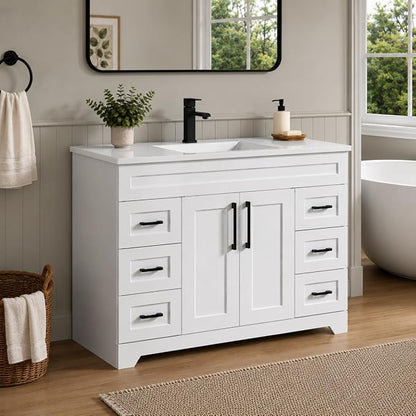 48 Inch Bathroom Vanity with Sink | Plywood Frame, SMC Integrated Countertop, Soft-Close Doors & Drawers, Freestanding Bathroom Vanity