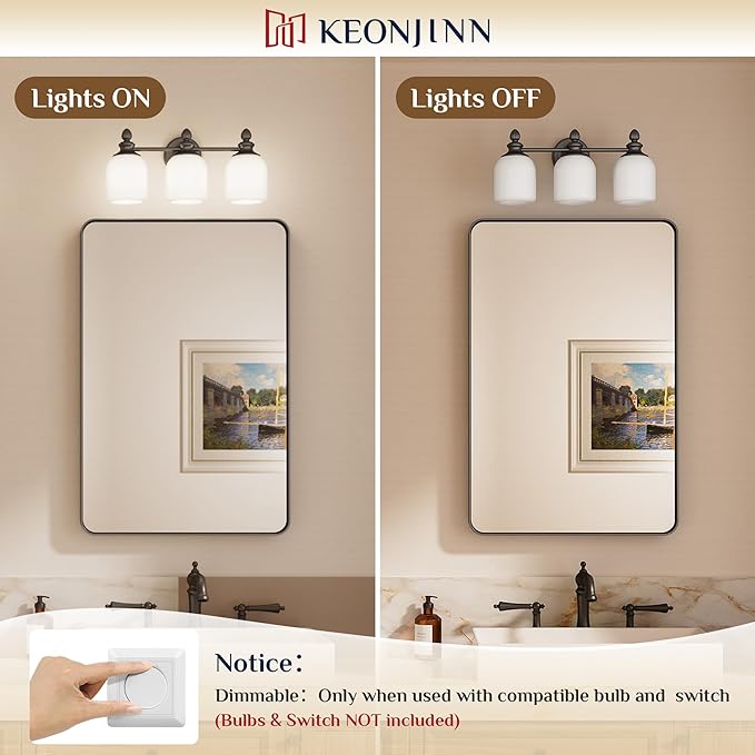 Keonjinn 2-Light Bathroom Light Fixtures, Black Vintage Vanity Lights for Mirror with Frosted Glass Shades, UL Listed E26 Base(Bulbs Not Included), Reversible Vanity Lighting Fixtures for Bathroom
