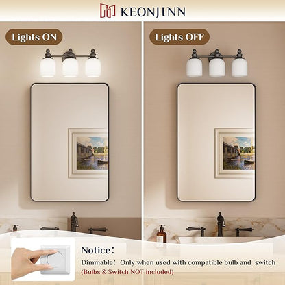 Keonjinn 2-Light Bathroom Light Fixtures, Black Vintage Vanity Lights for Mirror with Frosted Glass Shades, UL Listed E26 Base(Bulbs Not Included), Reversible Vanity Lighting Fixtures for Bathroom