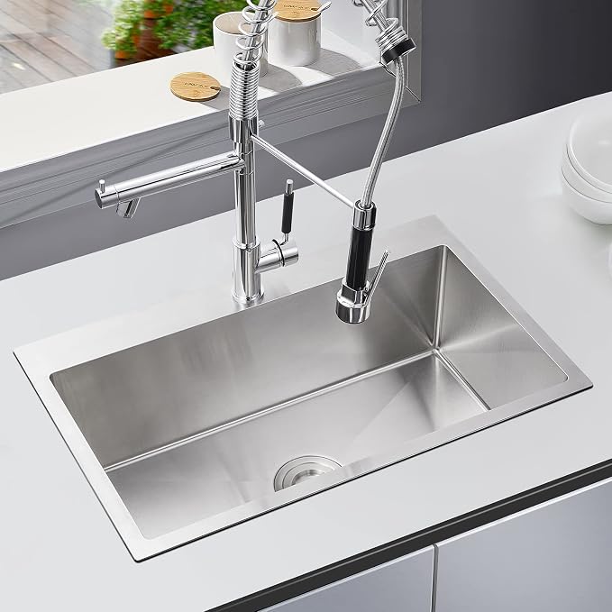 Brushed Topmount Kitchen Sink - 28”×18” Single Bowl Sink | 9 Inch Deep Handmade Bar Sink with Strainer, Stainless Steel 304, Center Drain, X-Groove Drainage, Sound-Dampening Pad