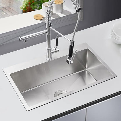Brushed Topmount Kitchen Sink - 28”×18” Single Bowl Sink | 9 Inch Deep Handmade Bar Sink with Strainer, Stainless Steel 304, Center Drain, X-Groove Drainage, Sound-Dampening Pad