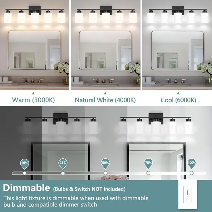 Black Bathroom Light Fixtures, 5-Light Modern Vanity Lights with Milky White Frosted Glass Shades, Wall Sconces for Mirror, Bathroom, Restroom (E26 Socket)