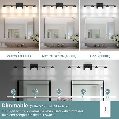 Black Bathroom Light Fixtures, 5-Light Modern Vanity Lights with Milky White Frosted Glass Shades, Wall Sconces for Mirror, Bathroom, Restroom (E26 Socket)