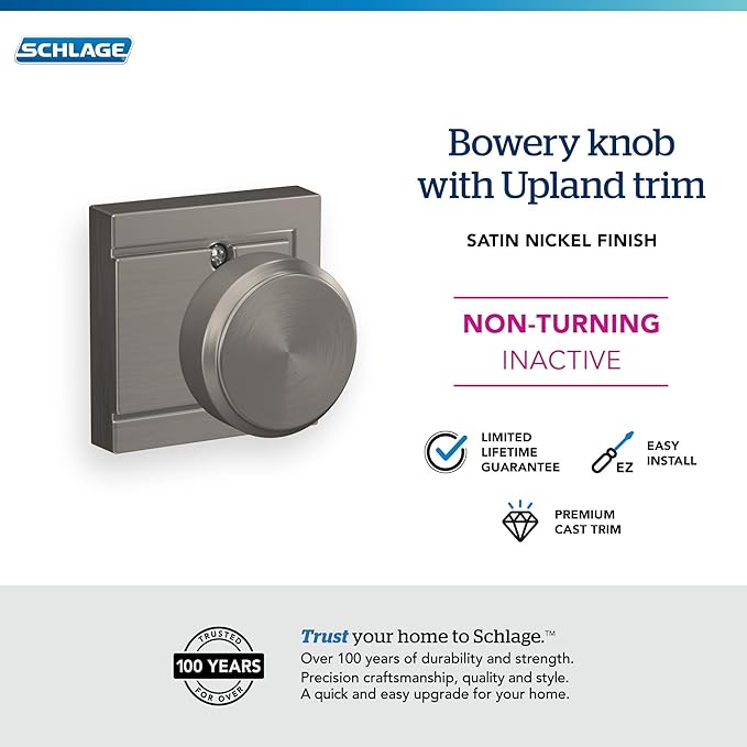 SCHLAGE Knob with Upland Trim Non-Turning Lock, Satin Nickel (F170 BWE 619 ULD)
