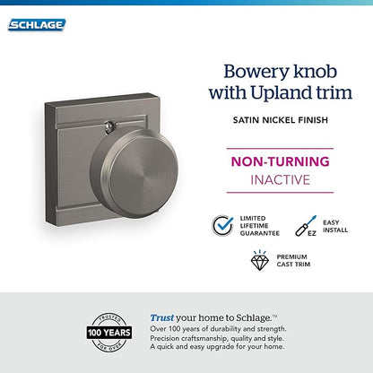 SCHLAGE Knob with Upland Trim Non-Turning Lock, Satin Nickel (F170 BWE 619 ULD)