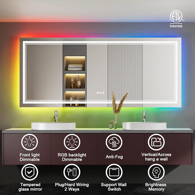 88x38 Inch RGB LED Bathroom Mirror with Lights | Front and RGB Backlit, Dimmable, Memory, Anti Fog, Shatterproof, Horizontal/Vertical, Lighted Mirrors for Bathroom Wall
