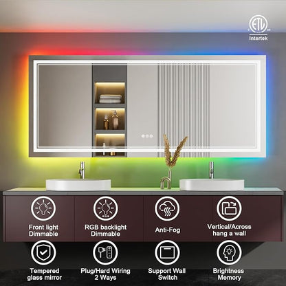 88x38 Inch RGB LED Bathroom Mirror with Lights | Front and RGB Backlit, Dimmable, Memory, Anti Fog, Shatterproof, Horizontal/Vertical, Lighted Mirrors for Bathroom Wall