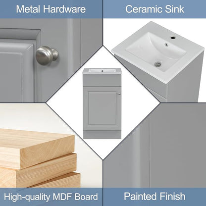 Christopher Knight Home Doreen 18" Bathroom Vanity with Ceramic Sink, Bathroom Vanity Cabinet with Door Organizer, Wooden Bathroom Storage Cabinet with Adjustable Shelf,Pedestal Sink with Storage,Grey