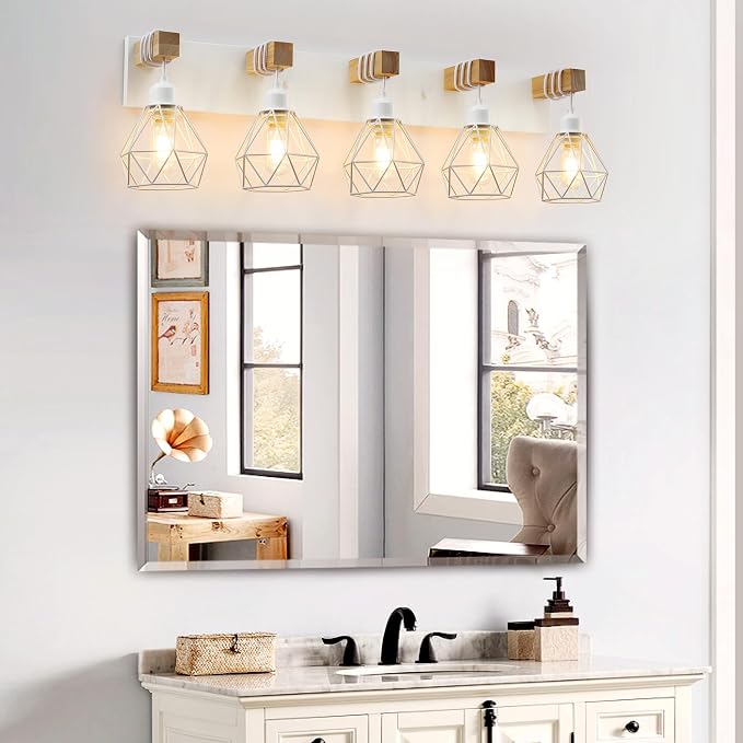 maesta 5 Light Bathroom Vanity Light, Farmhouse White Fixture Over Mirror | Farmhouse Bathroom Light Fixtures, Wood & Metal, Anti-Rust Easy to Install for Rustic Bathroom Hallway