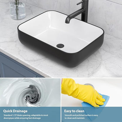Ceramic Bathroom Sink Black and White 16" x 12" Above Counter Vessel Sink | Modern White Porcelain Ceramic Above Counter Vanity Sink Art Basin Rectangular Countertop Bathroom Vessel Sinks