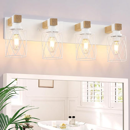 Farmhouse 4-Light Wood Bathroom Vanity Light, White Metal Cage Shade