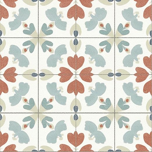 Muted Floral Geometric Peel and Stick Floor Tiles 12x12 Inch 10PCS | Muted teal rust and cream floral geometric pattern vinyl floor stickers for kitchen bathroom entryway and indoor home decor