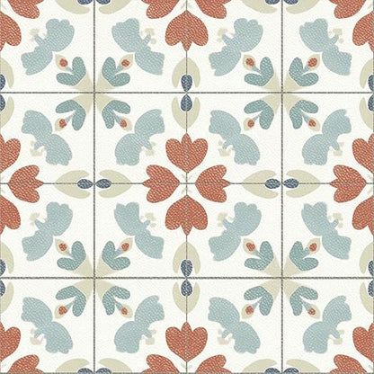Muted Floral Geometric Peel and Stick Floor Tiles 12x12 Inch 10PCS | Muted teal rust and cream floral geometric pattern vinyl floor stickers for kitchen bathroom entryway and indoor home decor