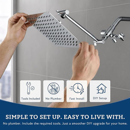 G-Promise All Metal 8" Rain Shower Head with Handheld for Bathroom Upgrade | All Metal, Built to Last, Easy Install, Adjustable Height & Angle for All Heights, Extra Long Hose, Modern Upgrade