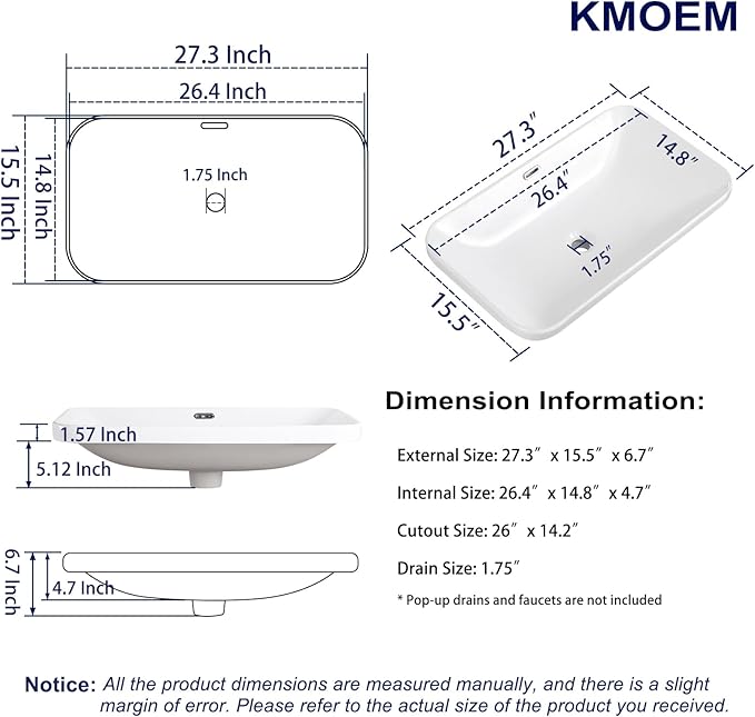 Vessel Sink 27"x16" Semi Recessed Bathroom Sink Drop-in White Bathroom Sink Porcelain Ceramic Modern Rectangular Sinks Drop-in Vanity Sinks with Overflow for Bathrooms