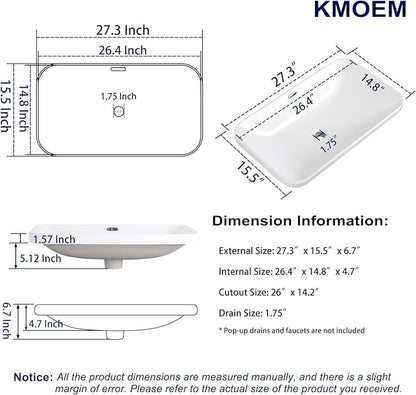 Vessel Sink 27"x16" Semi Recessed Bathroom Sink Drop-in White Bathroom Sink Porcelain Ceramic Modern Rectangular Sinks Drop-in Vanity Sinks with Overflow for Bathrooms