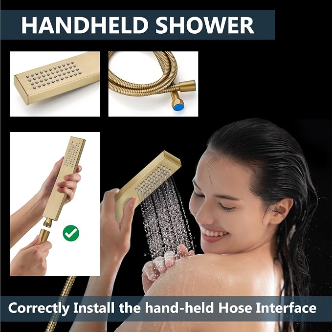 Aolemi Ceiling Shower Faucet Set with Handheld 12" LED Head Brushed Gold | Handheld Spray,12 Inch Rain LED Head,Shower Valve and Trim Kit,All Metal,Ceiling System,Bathroom Mixer