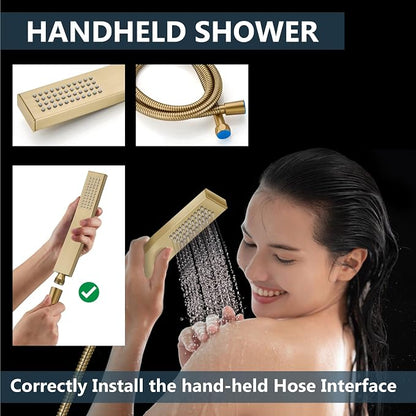 Aolemi Ceiling Shower Faucet Set with Handheld 12" LED Head Brushed Gold | Handheld Spray,12 Inch Rain LED Head,Shower Valve and Trim Kit,All Metal,Ceiling System,Bathroom Mixer