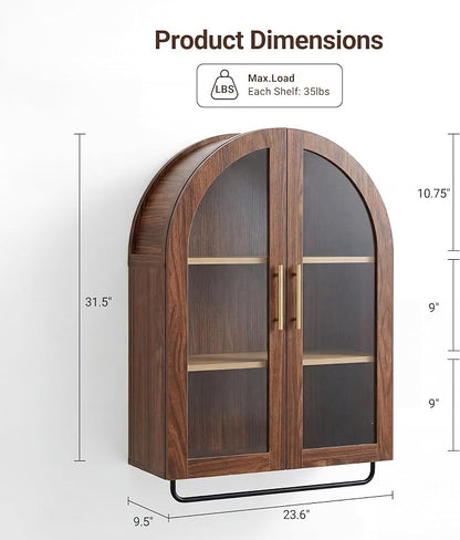 Seang Bathroom Arched Wall Cabinet,23.6" Modern Medicine Cabinet with Towel Bar and Adjustable Shelf,Over The Toilet Wall Storage Cabinet for Laundry Room,Living Room,Kitchen,Walnut