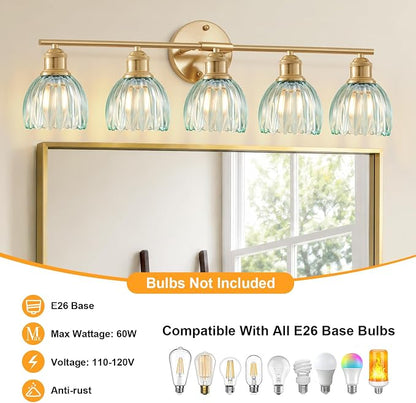 Bathroom Light Fixtures, 5-Light Brushed Gold Vanity Lights for Bathroom with Blue Tulip Glass Shade, 30" Vintage Bathroom Vanity Lighting Fixtures Over Mirror for Bedroom Living Room Hallway