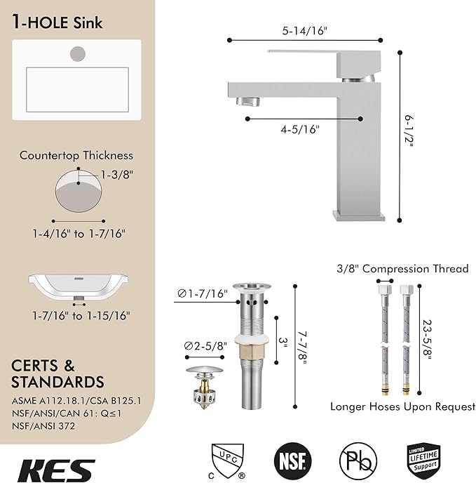 KES Bathroom Faucet Single Hole & Bathroom Sink Drain with Overflow, cUPC Certified Vanity Faucet Brushed Stainless Steel, L3156ALFF12-BS-C1