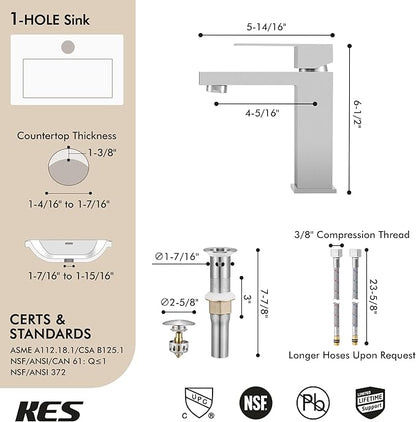 KES Bathroom Faucet Single Hole & Bathroom Sink Drain with Overflow, cUPC Certified Vanity Faucet Brushed Stainless Steel, L3156ALFF12-BS-C1