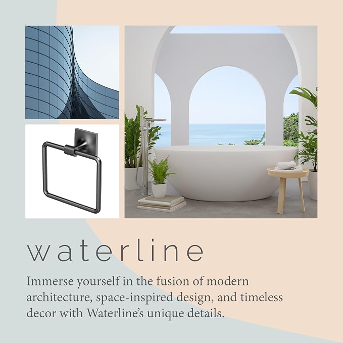 Gatco 5582MX Waterline Towel Ring | Modern Hand Towel Holder for Bathroom | Stylish Decorative Hardware, Heavy Duty Metal, EZ Ancor Mounting | Matte Black