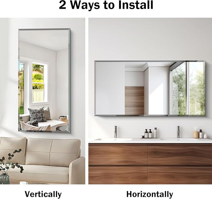 CILIBER Beveled Mirror, 24x48 Large Frameless Bathroom Mirrors for Wall, 3mm Tempered Glass Rectangle Vanity Mirror with Beveled Edge, Crystal-Clear, Hangs Horizontally or Vertically