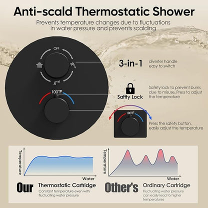 Gabrylly 10" Thermostatic Shower Faucets Set with Tub Spout, Matte Black | All Metal Shower System, Rain Shower Head with Handheld Spray Combo, Luxury Bathroom Rainfall Shower Head Set With Valve