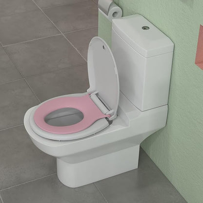 19" Elongated Pink Toilet Seat with Built-In Potty Training Seat, Soft Quiet Close Non-Slip Design for Adult and Child, Magnetic Kids Seat and Cover, Easy to Install for Elongated Toilets
