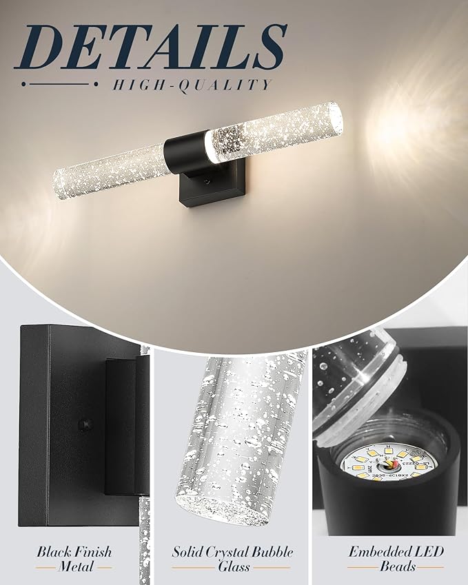 Bathroom Light Fixtures, HWH LED Vanity Lights Over Mirror 11W with Crystal Bubble Glass, Black Vanity Lamp Bar Indoor Wall Sconce Light, 3000K/4000K/5000K Dimmable, 5HW76B-LED BK