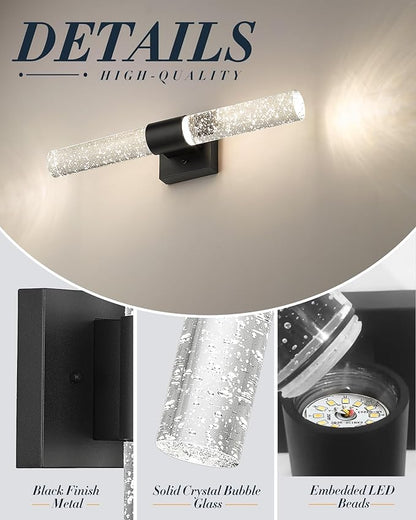Bathroom Light Fixtures, HWH LED Vanity Lights Over Mirror 11W with Crystal Bubble Glass, Black Vanity Lamp Bar Indoor Wall Sconce Light, 3000K/4000K/5000K Dimmable, 5HW76B-LED BK