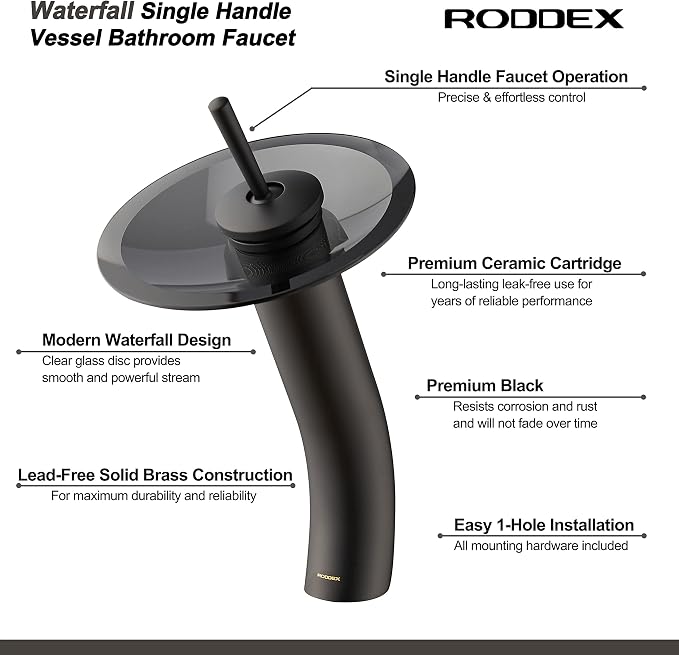 Waterfall Bathroom Faucet Glass Single Handle Solid Brass Basin Lavatory Vessel Sink Vanity Faucet, Tall, Black