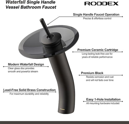Waterfall Bathroom Faucet Glass Single Handle Solid Brass Basin Lavatory Vessel Sink Vanity Faucet, Tall, Black