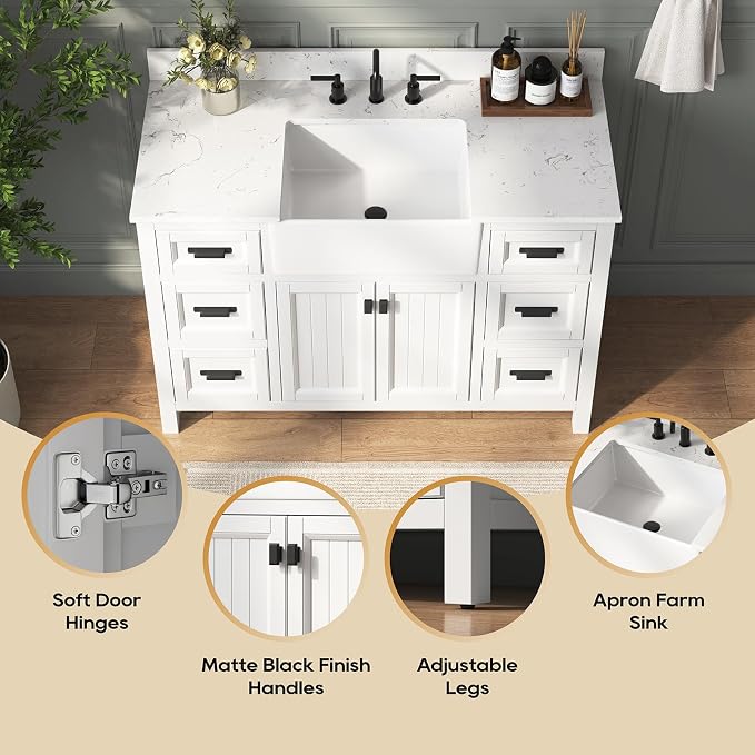 48 Inch White Bathroom Vanity with Sink, Farmhouse Bathroom Sink Cabinet with Soft Closing Doors & Dovetail Drawers, Single Apron Farm Sink, No Assembly Required
