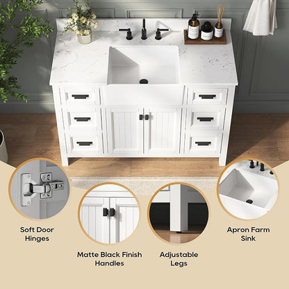 48 Inch White Bathroom Vanity with Sink, Farmhouse Bathroom Sink Cabinet with Soft Closing Doors & Dovetail Drawers, Single Apron Farm Sink, No Assembly Required