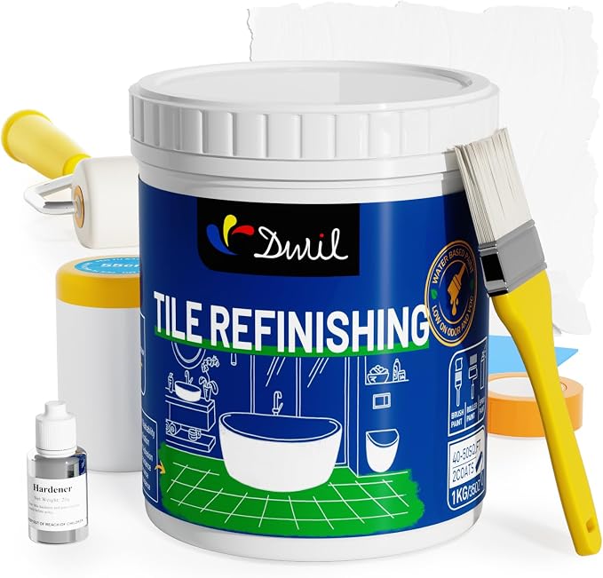 DWIL Tub Paint, Tub and Tile Refinishing Kit with Tools, White Bathtub Paint Water Based &Low Odor, Easy to Use for Sink Bathroom Shower, Semi-Gloss White 35oz/50-55sq.ft