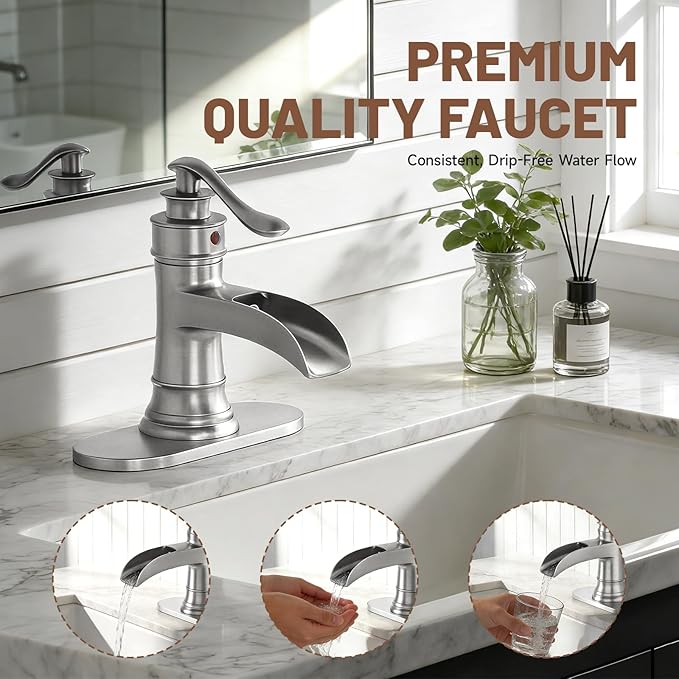 Waterfall Bathroom Faucet Bathroom Sink Faucet Farmhouse Single Handle 1 Hole with Pop Up Drain Assembly Vanity Water Supply Hose, Brushed Nickel