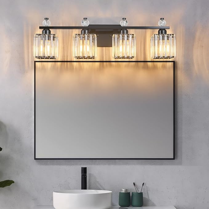 Vanity Lights 4-Light Modern Crystal Vanity Light Plating Black Bathroom Light Fixtures Over Mirror Crystal Bathroom Vanity Lighting Fixtures