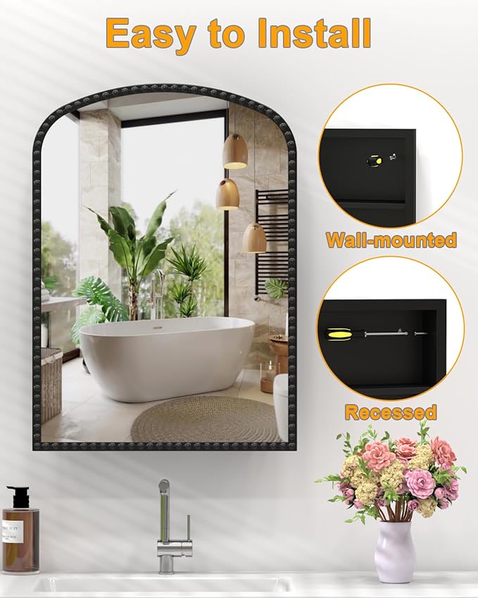 Black Medicine Cabinet for Bathroom, Surface Mount or Recessed Medicine Cabinets with Storage and Arched Mirror 20"x28" , All-Metal Daisy Decor Frame, Includes 2 Adjustable Shelves and 1 Organizer