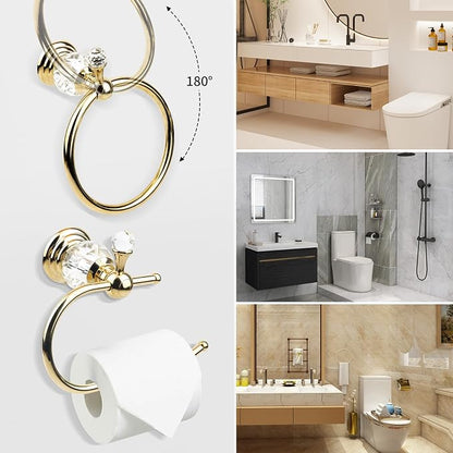 Luxury Crystal Series Toilet Paper Holder Wall Mouted Towel Ring, Gold Round Hand Towel Rack Decorative 2 Pieces Sets for Bathrooms