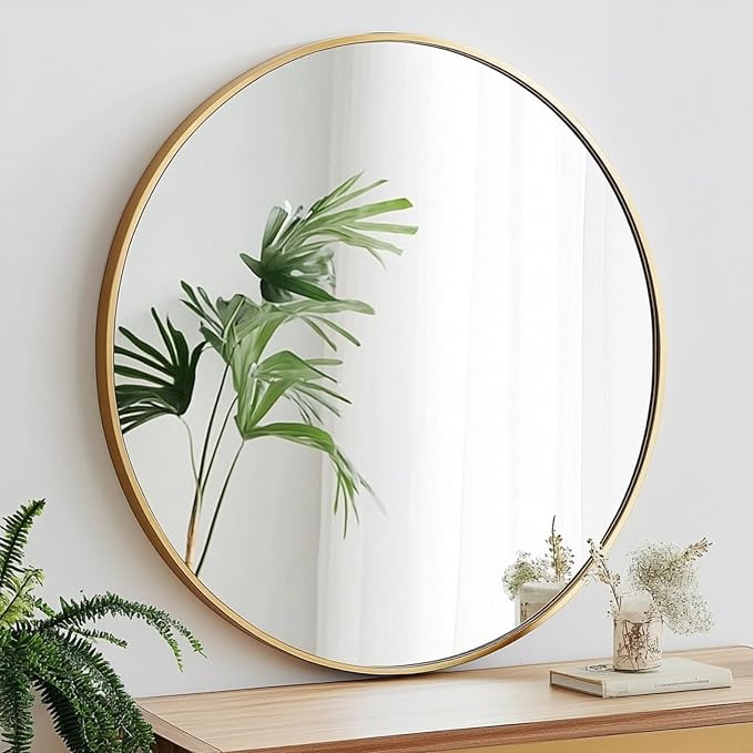 Round Mirror, 26 inch Glold Circle Mirror, Bruhsed Gold Metal Frame | High Definition,Waterproof,Rust-resistant,Round Mounted Mirrors for Bathroom,Living Room,Bedroom,Hallyway,Vanity,Wall Décor