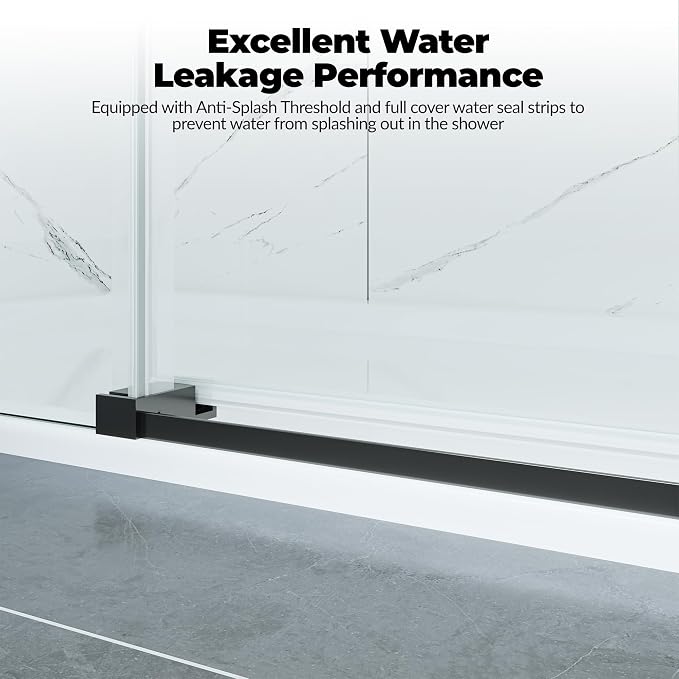 GarveeLife Frameless Glass Shower Door 44-48”W×76”H, Sliding Shower Door with Square Stainless Steel Rail, 8mm Tempered Glass, Matte Black Bathroom Door