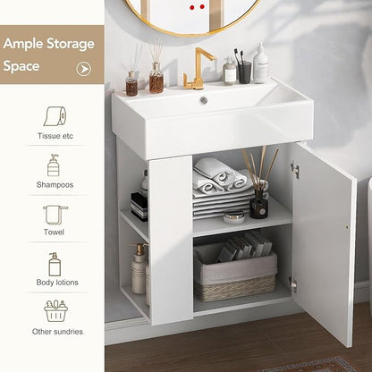 21.6 in Floating Bathroom Vanity with Sink,Soft Closing Doors,Solid Wood Frame & MDF Modern Single Small White Bathroom Vanity Cabinet with Open Shelf,Wall Mounted