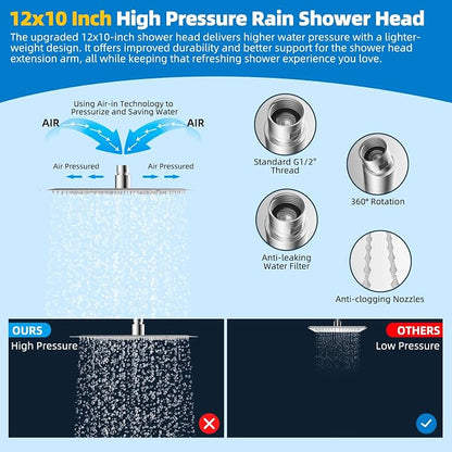 Hibbent All Metal cUPC Certified Shower Head, 12'' High Pressure Rainfall Shower Head, Showerhead Combo, Handheld Shower Wand, 12'' Adjustable Extension Arm, 4-Spray, 71'' Hose, Shower Holder, Chrome