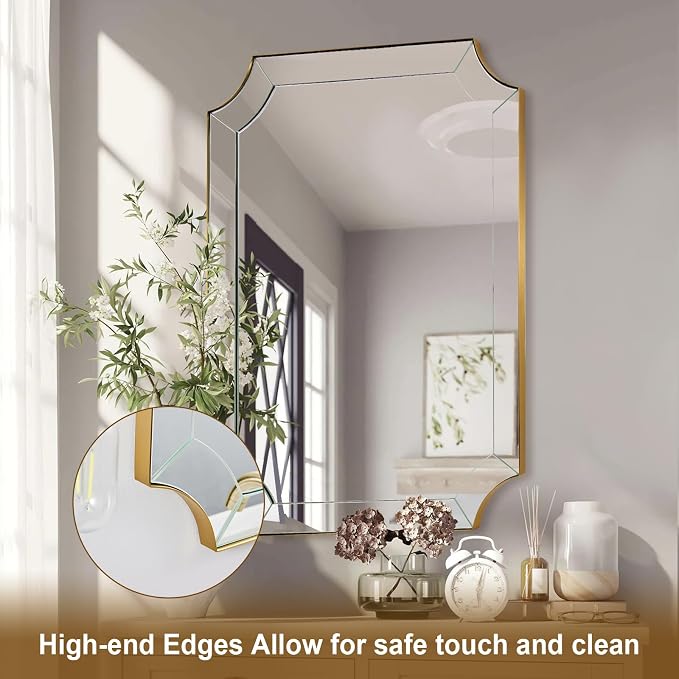 Scalloped Mirror for Bathroom, 22x30 Inch Brushed Gold | Rust-Proof Stainless Steel Thin Frame, Unique Segmented Glass Pieces Design, Wall-Mounted Vertical/Horizontal